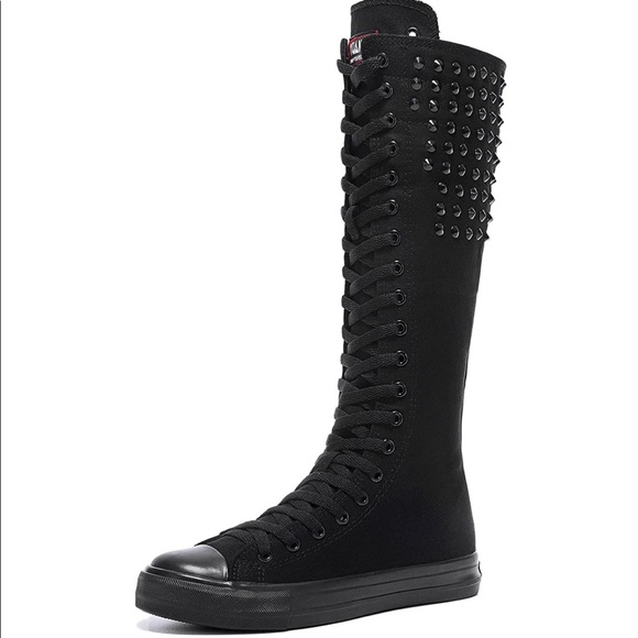 Punk Style Long Rivet Canvas Boots Knee High Casual - Picture 4 of 8